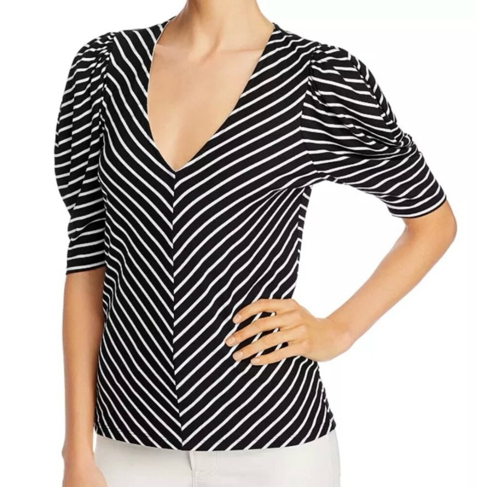 FRAME Noir Multi Stripe V-Neck Top Black White Chevron Puff Sleeve Size S